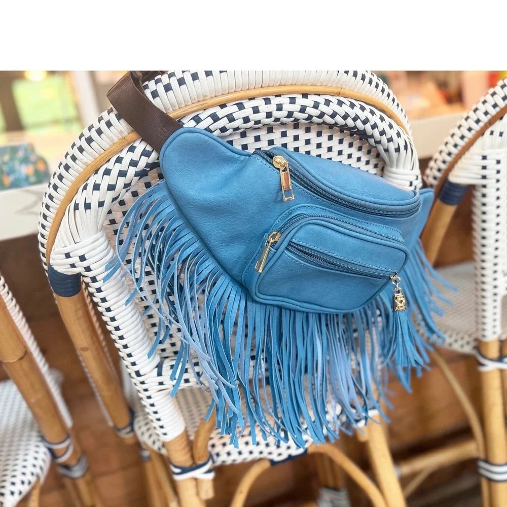 Fringe Tassel Fanny Pack Waist Bag Denim Blue Faux Leather Festival Boho Western - Picture 2 of 8